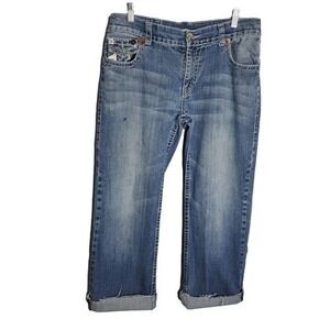 True Religion Billy Super T‎ Capris Women 36 Light Wash Distressed Cropped Denim